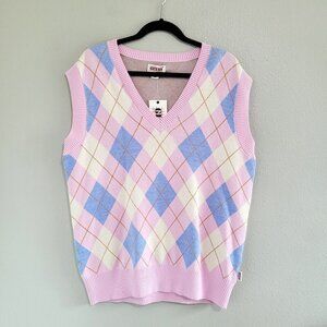 Guess Oversize V-Neck Argyle Vest Soft Pink Blue Knit Academia Preppy